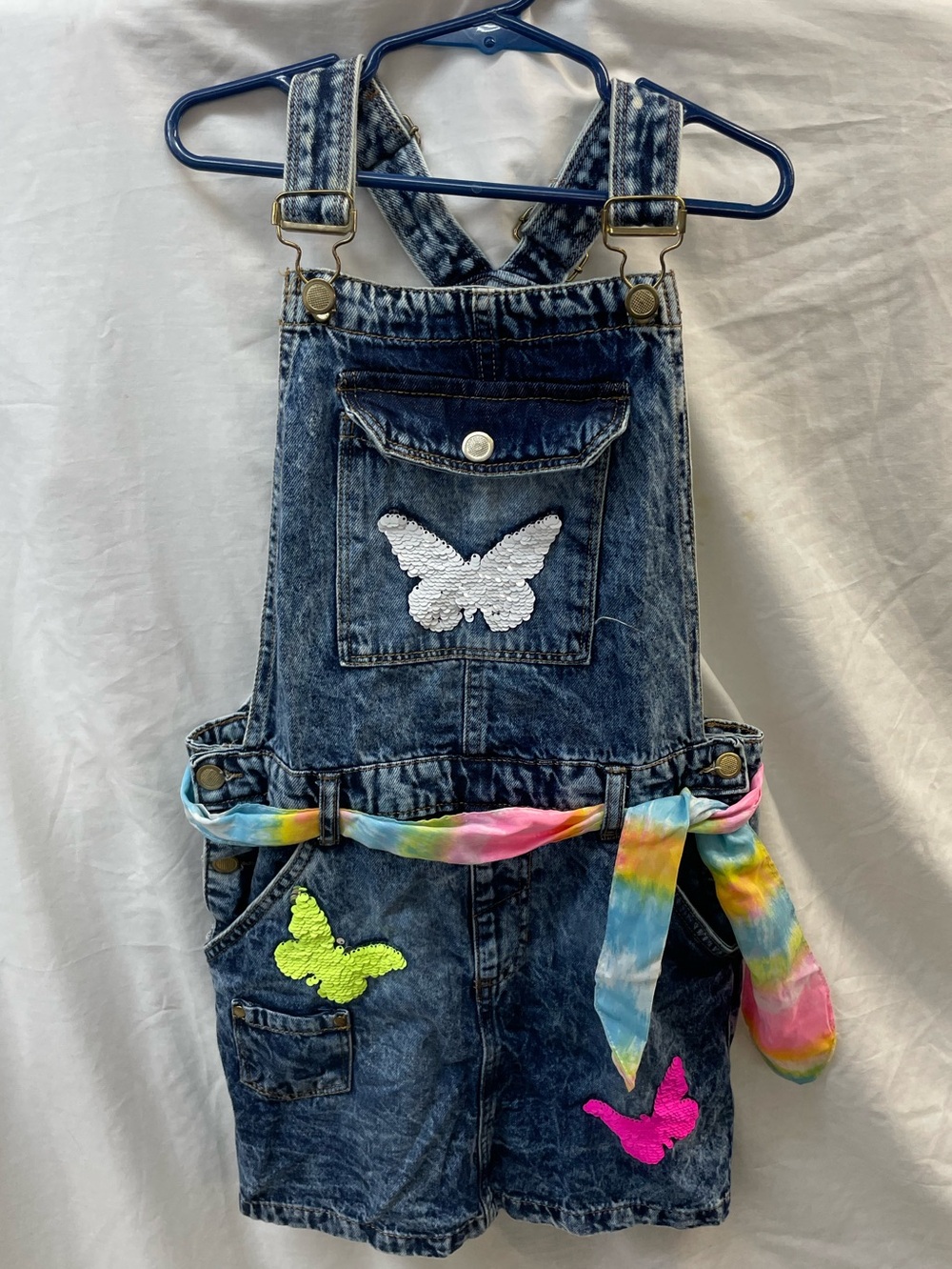 Girls denim Butterfly dress Overalls for Kids - Blue with Multicolor Tie Belt 12